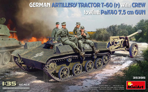 MiniArt 35395 German Artillery Tractor T-60(r) with Crew Towing PaK40 7.5cm Gun 1:35 Scale Model Kit MIN35395 MiniArt