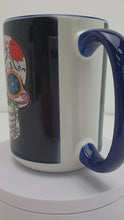Load and play video in Gallery viewer, Skull Tea Coffee Mug Gift Idea Hand Produced 15oz Ceramic Blue Handle and Rim
