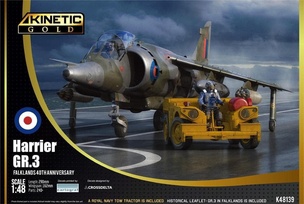 Kinetic 48139 Harrier GR.3 Falklands 40th Anniversary (includes Royal Navy Tow Tractor) 1:48 Scale Model Kit KI48139 Kinetic