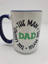 Load image into Gallery viewer, Dad Tea Coffee Mug Father&#39;s Day Gift Hand Decorated 15oz Ceramic Blue Handle and Rim Harbourside Gifts
