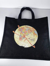 Load image into Gallery viewer, Decorated Jute Hessian Shopping Bag With Vintage looking World Design Black Harbourside Gifts

