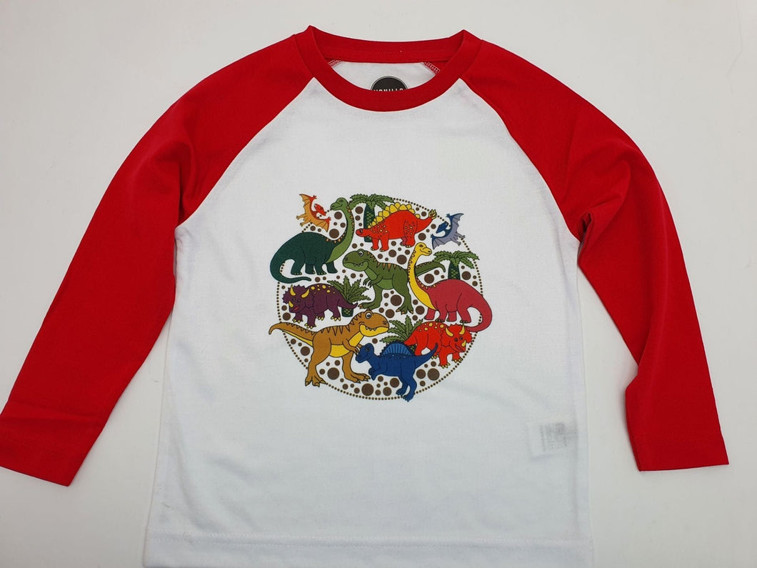 Kids Long Sleeved T-Shirt Dinosaur Printed Design White/Red 3-4yr 12.5in (32cm) Chest RWTLS DINO Harbourside Gifts