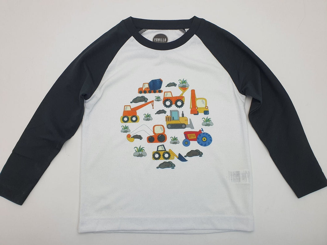 Kids Long Sleeved T-Shirt Printed Diggers Design White/Black 3-4yr 12.5in (32cm) Chest BWLST DIGGERS Harbourside Gifts