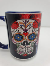 Load image into Gallery viewer, Skull Tea Coffee Mug Gift Idea Hand Produced 15oz Ceramic Blue Handle and Rim Skull 1 Harbourside Gifts
