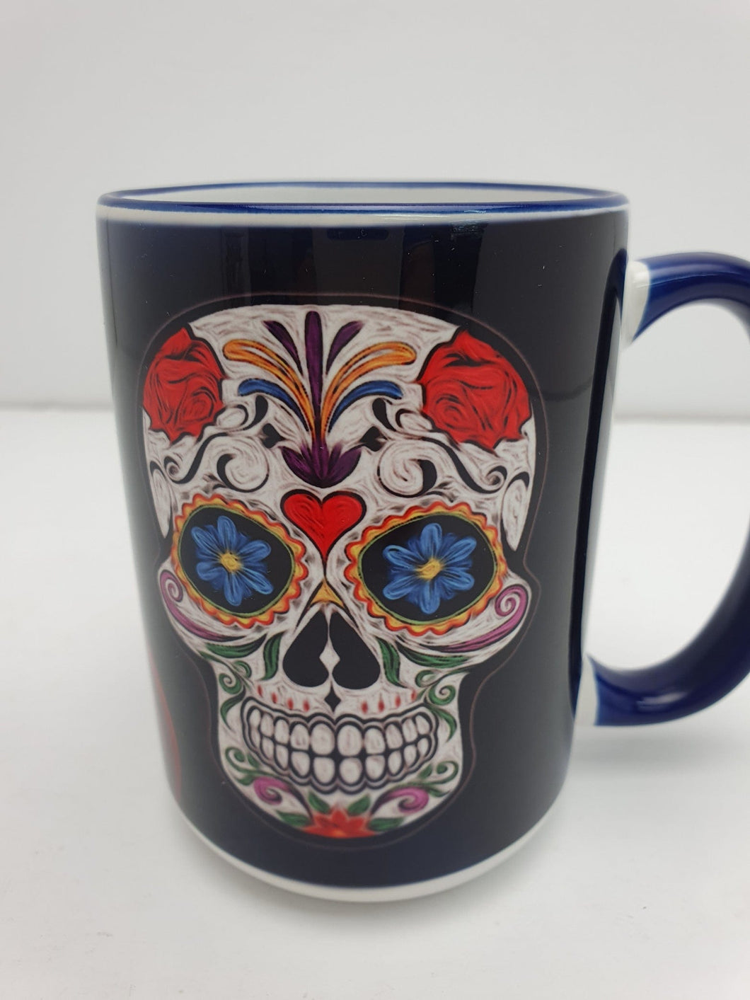 Skull Tea Coffee Mug Gift Idea Hand Produced 15oz Ceramic Blue Handle and Rim Skull 1 Harbourside Gifts