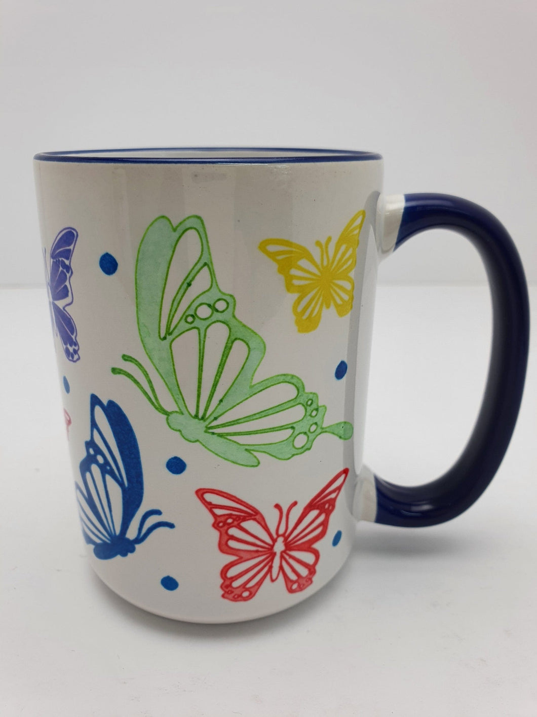 Tea Coffee Mug Ideal Gift Hand Printed Butterfly Design 15oz Blue Handle and Rim Butterfly Mug Harbourside Gifts